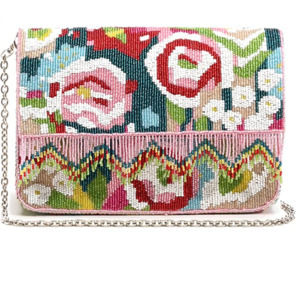 America & Beyond Geo Floral Beaded Fringe Bag Floral Handbag Purse Pink Blue NEW